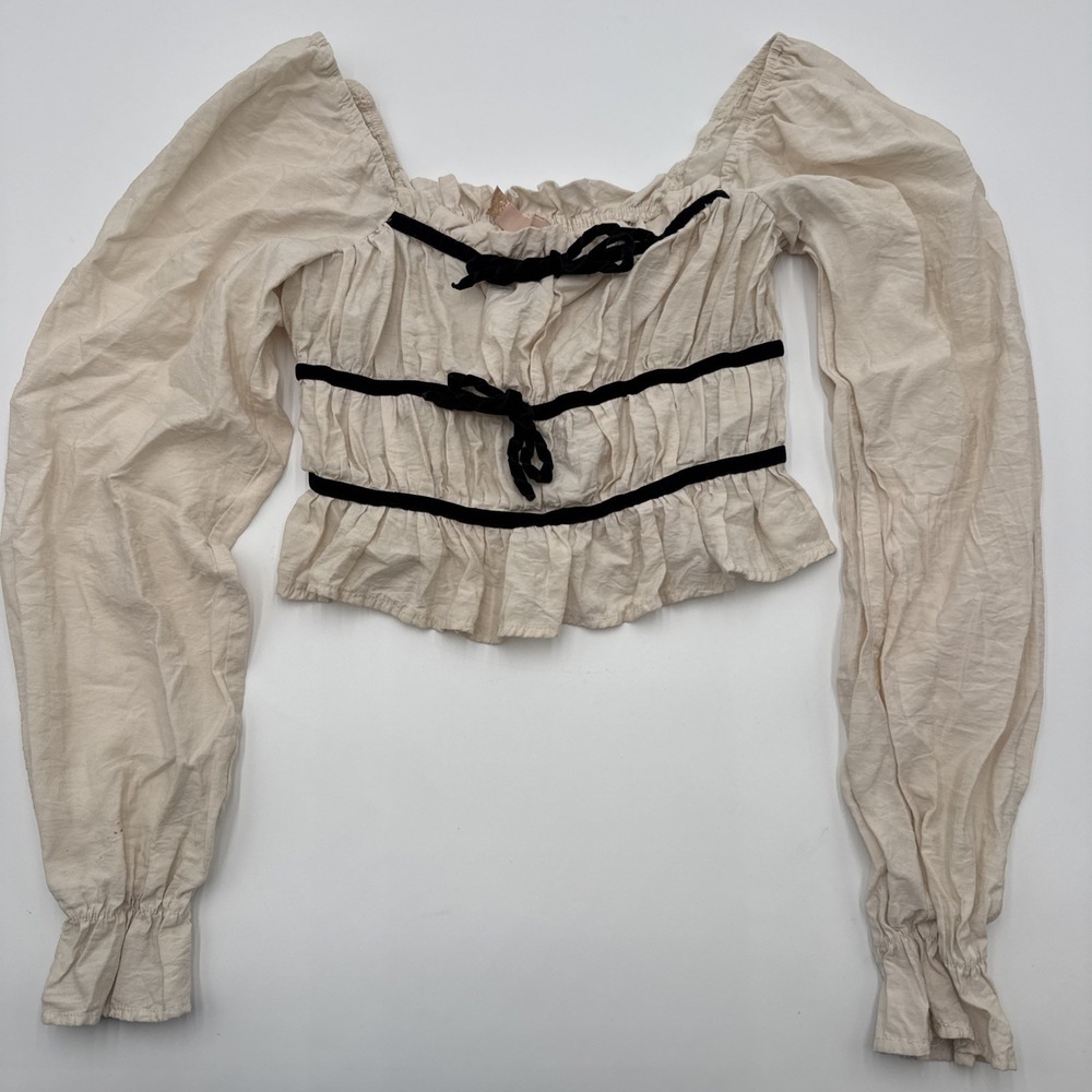 Thirty Thirty Milkmaid Smocked Crop Top Small Cream Black Bows Ren Faire Peasant